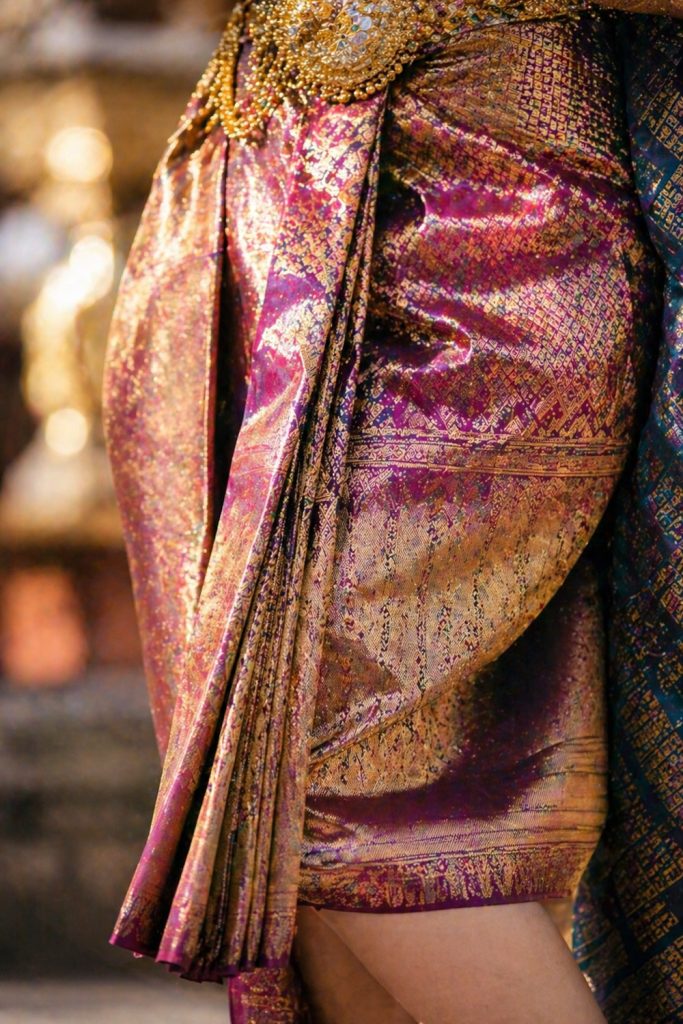 Vẻ đẹp vượt thời gian: Những hoa văn cổ điển uốn lượn trên nền lụa mềm mại của chiếc váy Phasin, tôn vinh nét uyển chuyển và quý phái trong từng bước đi của người vũ công.