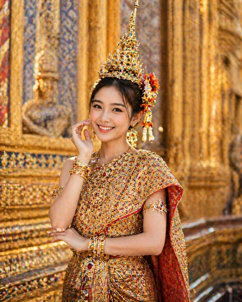 Chiếc khăn choàng sabai buông nhẹ qua vai,
ôm trọn đường nét thanh thoát và tôn lên từng chuyển động duyên dáng