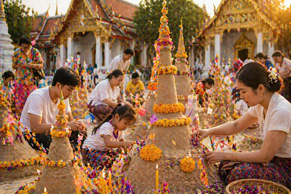 Mỗi tháp cát không chỉ là một công trình nhỏ,
mà còn là lời cầu chúc cho an lành – may mắn – và những khởi đầu mới.